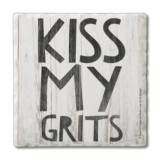 Thirstystone Kiss My Grits Single Tumbled Tile Stone Coaster with Protective Cork Backing Manufactured in The USA 4" Square, Artistic, Easily Wipes Clean