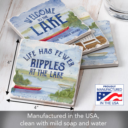 Thirstystone Lake House Greetings 4-Pack Assorted Tumbled Tile Stone Coasters Manufactured in The USA 4" Square