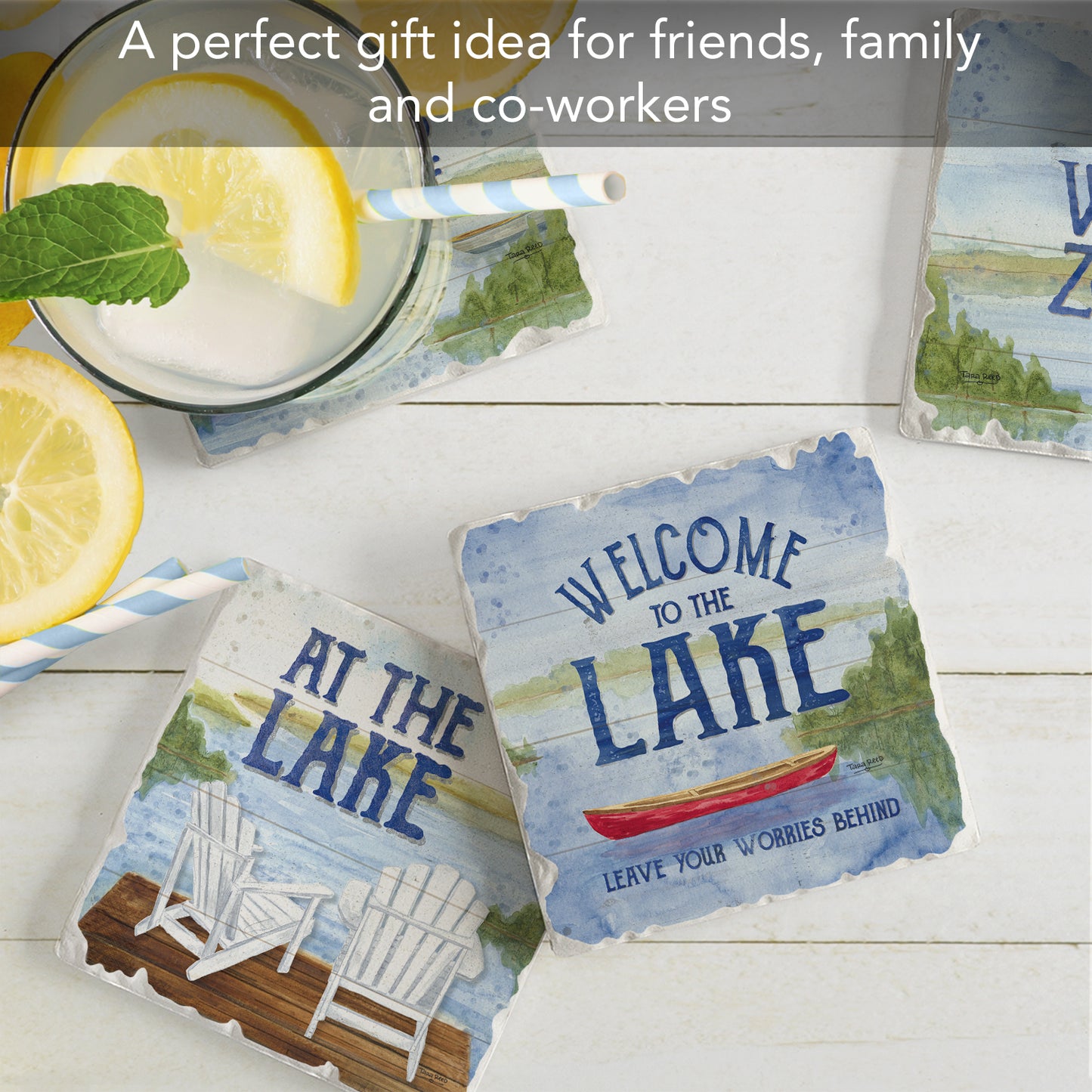 Thirstystone Lake House Greetings 4-Pack Assorted Tumbled Tile Stone Coasters Manufactured in The USA 4" Square