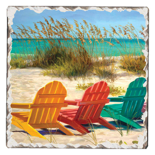 Thirstystone Beach Chairs Single Tumbled Tile Stone Coaster with Protective Cork Backing Manufactured in The USA 4" Square, Colorful, Artistiic, Easily Wipes Clean