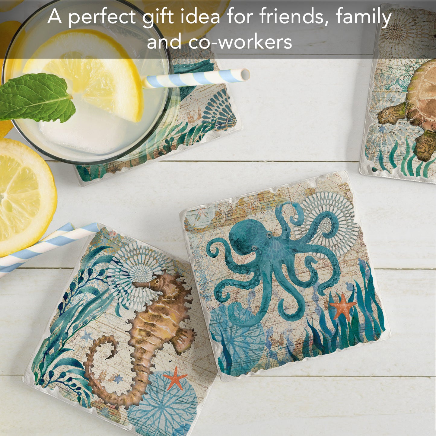 Thirstystone Monterey Bay 4 Pack Assorted Tumbled Tile Stone Coasters 4" Square