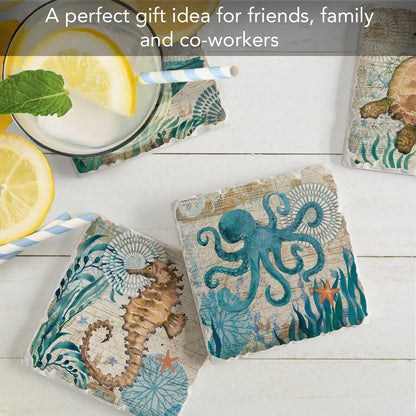 Thirstystone Monterey Bay 4 Pack Assorted Tumbled Tile Stone Coasters 4" Square