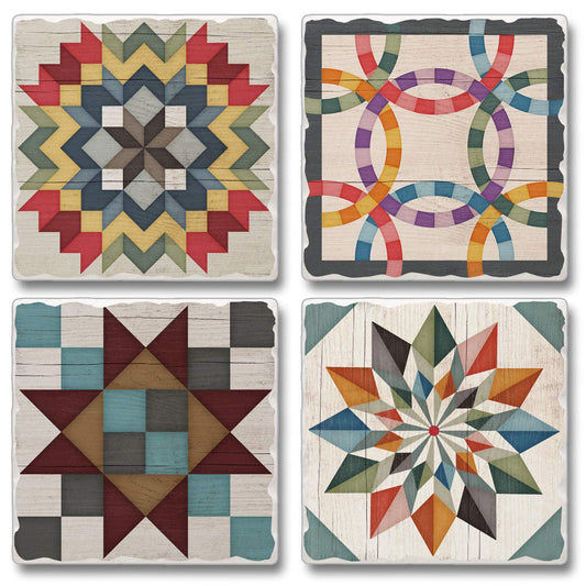 Thirstystone Barn Quilt Patterns 4-Pack Tumbled Tile Stone Coasters 4" Square