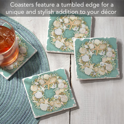 CounterArt Coastal Wreath 4 Pack Tumbled Tile Stone Coasters 4" Square Manufactured in the USA