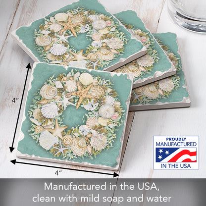 CounterArt Coastal Wreath 4 Pack Tumbled Tile Stone Coasters 4" Square Manufactured in the USA