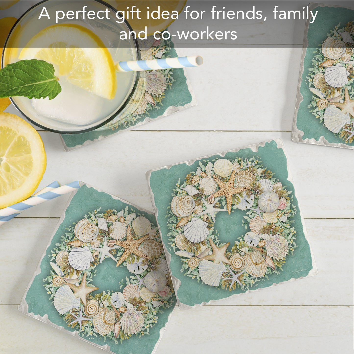 CounterArt Coastal Wreath 4 Pack Tumbled Tile Stone Coasters 4" Square Manufactured in the USA