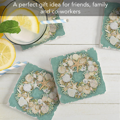 CounterArt Coastal Wreath 4 Pack Tumbled Tile Stone Coasters 4" Square Manufactured in the USA