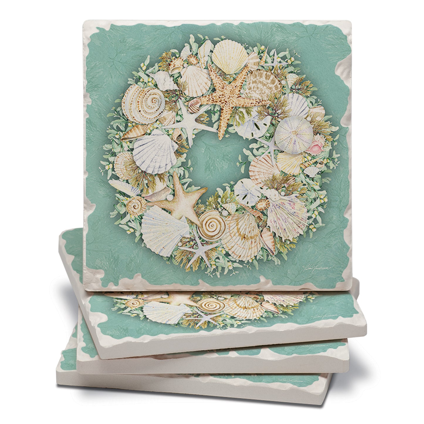 CounterArt Coastal Wreath 4 Pack Tumbled Tile Stone Coasters 4" Square Manufactured in the USA