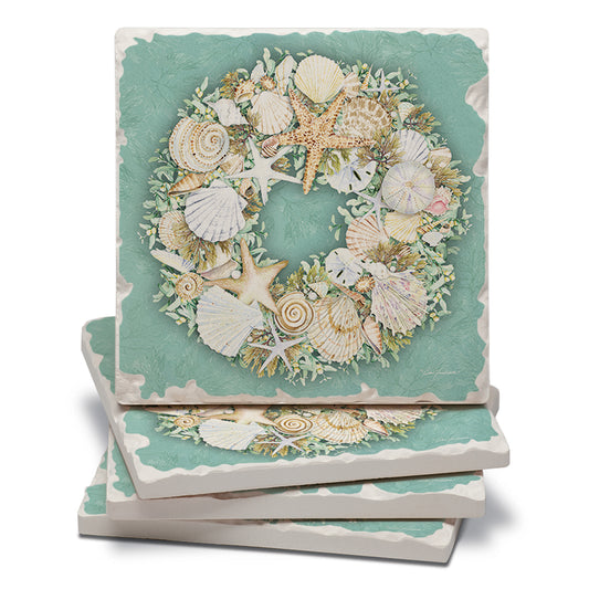 CounterArt Coastal Wreath 4 Pack Tumbled Tile Stone Coasters 4" Square Manufactured in the USA