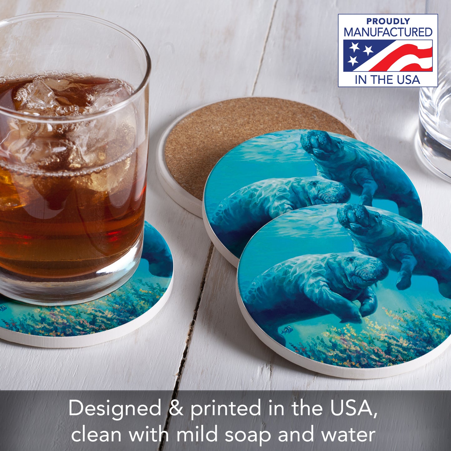 Thirstystone Underwater Manatees 4 Pack Round Absorbent Stone Coasters 4" Diameter