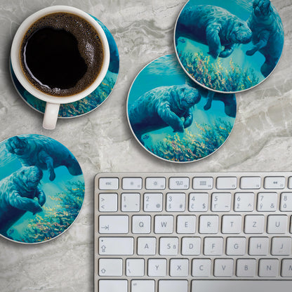 Thirstystone Underwater Manatees 4 Pack Round Absorbent Stone Coasters 4" Diameter