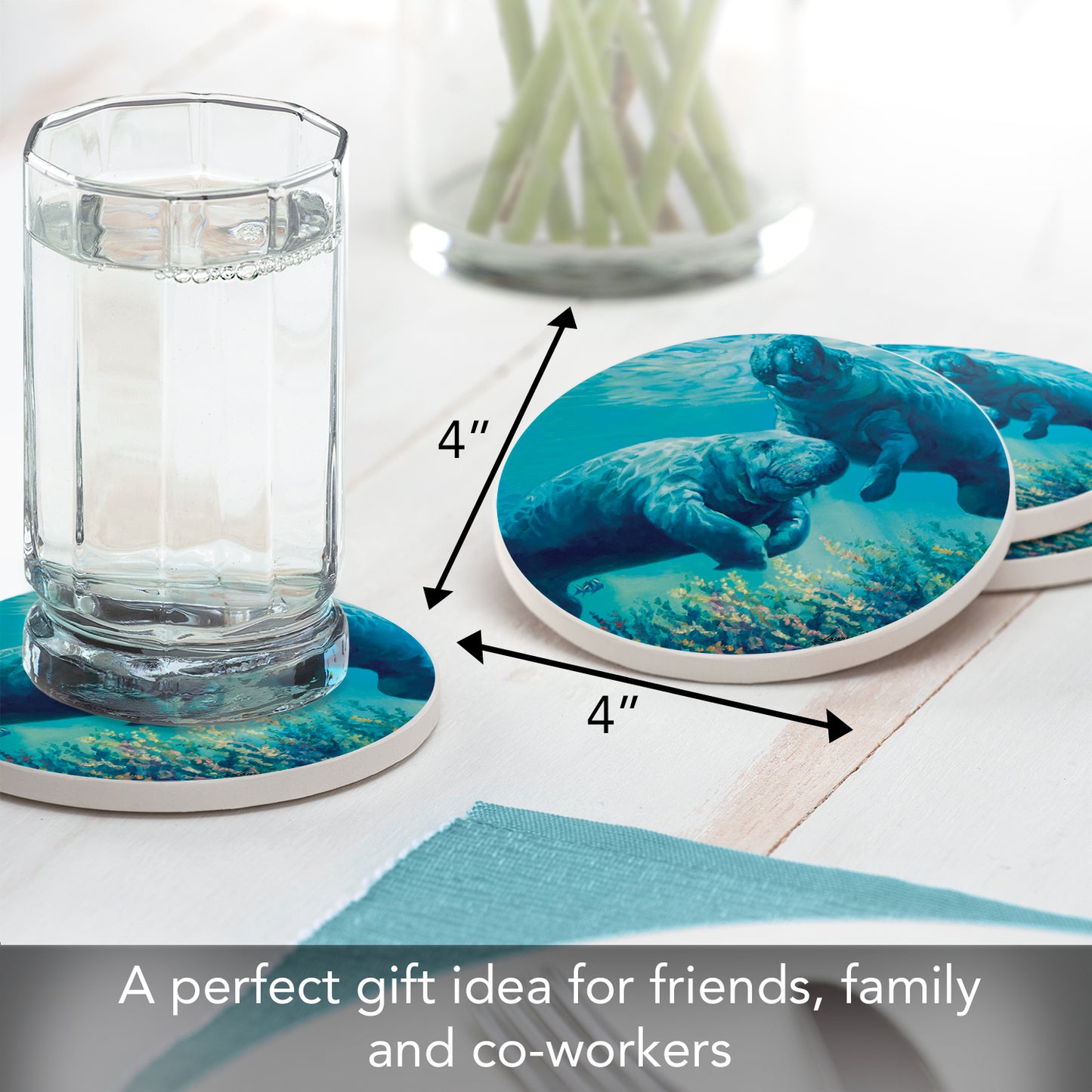 Thirstystone Underwater Manatees 4 Pack Round Absorbent Stone Coasters 4" Diameter