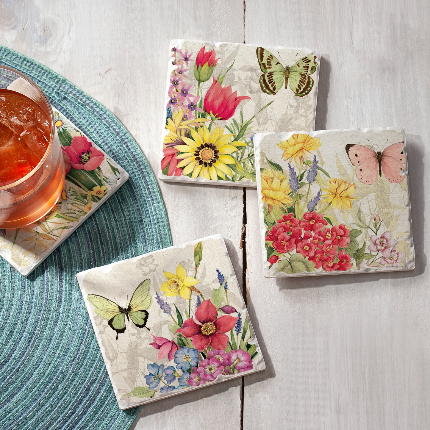 CounterArt Botanical Butterfly Florals Absorbent Coasters (Set of 4)