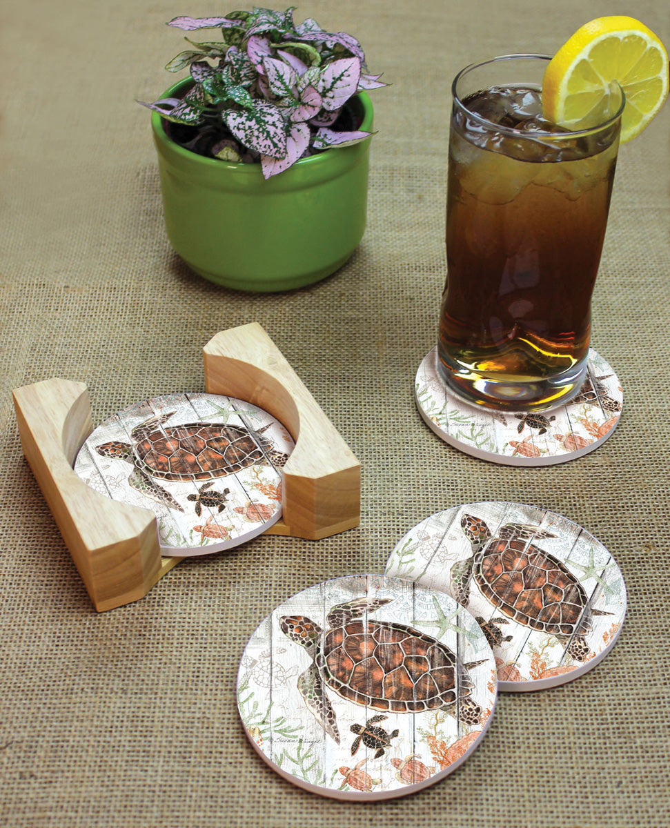 Thirstystone Shoreline Shells 4-Pack Natural Marble Stone Coaster with Protective Cork Backing Manufactured in The USA