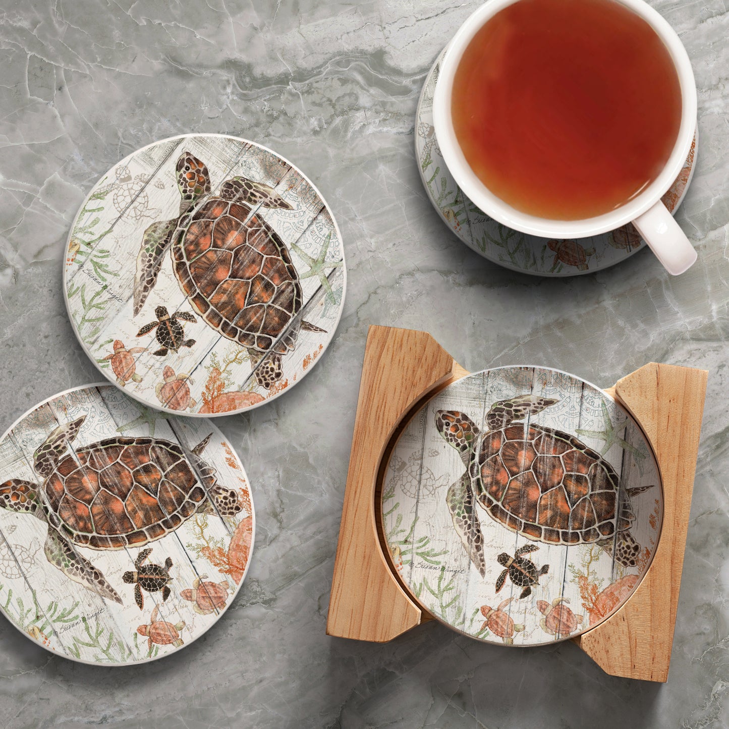 Thirstystone Shoreline Shells 4-Pack Natural Marble Stone Coaster with Protective Cork Backing Manufactured in The USA