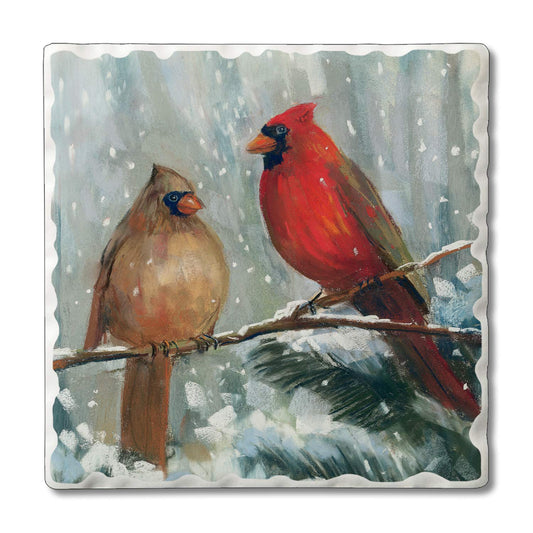 Thirstystone Winter Birds 4 Pack Assorted Tumbled Tile Stone Coasters with Protective Cork Backing 4" Square Manufactured in The USA