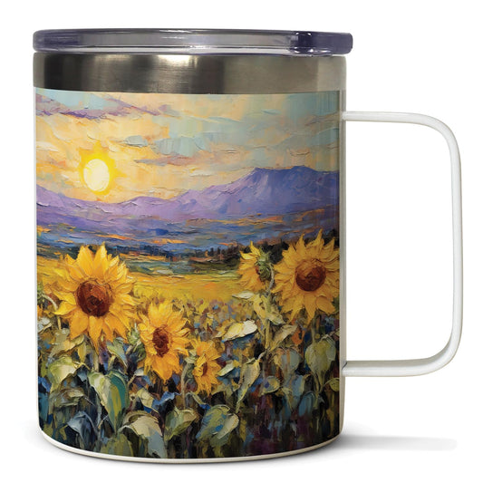 Highland Home Field of Sunflowers Stainless Steel Travel Mug with Lid 12 oz. Manufactured in the USA