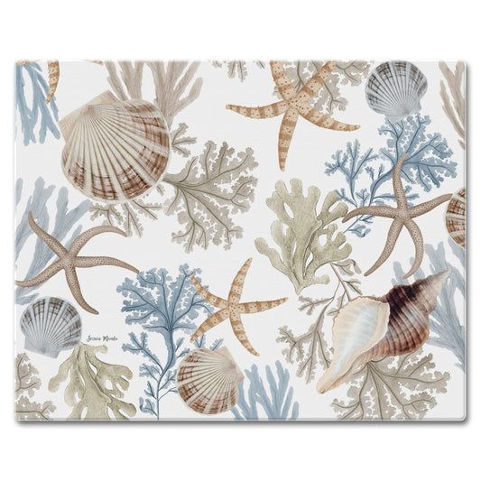 CounterArt Seashells & Starfish 3mm Tempered Glass Cutting Board 15" x 12" Manufactured in the USA