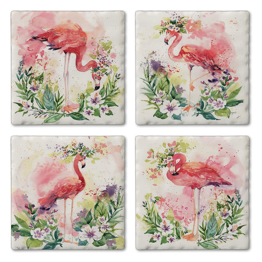 Thirstystone Floral Flamingos 4 Pack Assorted Tumbled Tile Stone Coasters 4" Square