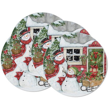 CounterArt Snowman's Farmhouse 4 Pack Round Reversible Easy Care Flexible Plastic Placemats Made in The USA 13.5" Diameter