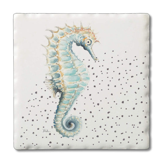 Thirstystone Seahorse Single Tumbled Tile Stone Coaster with Protective Cork Backing Manufactured in The USA 4" Square, Colorful, Artistic, Easily Wipes Clean