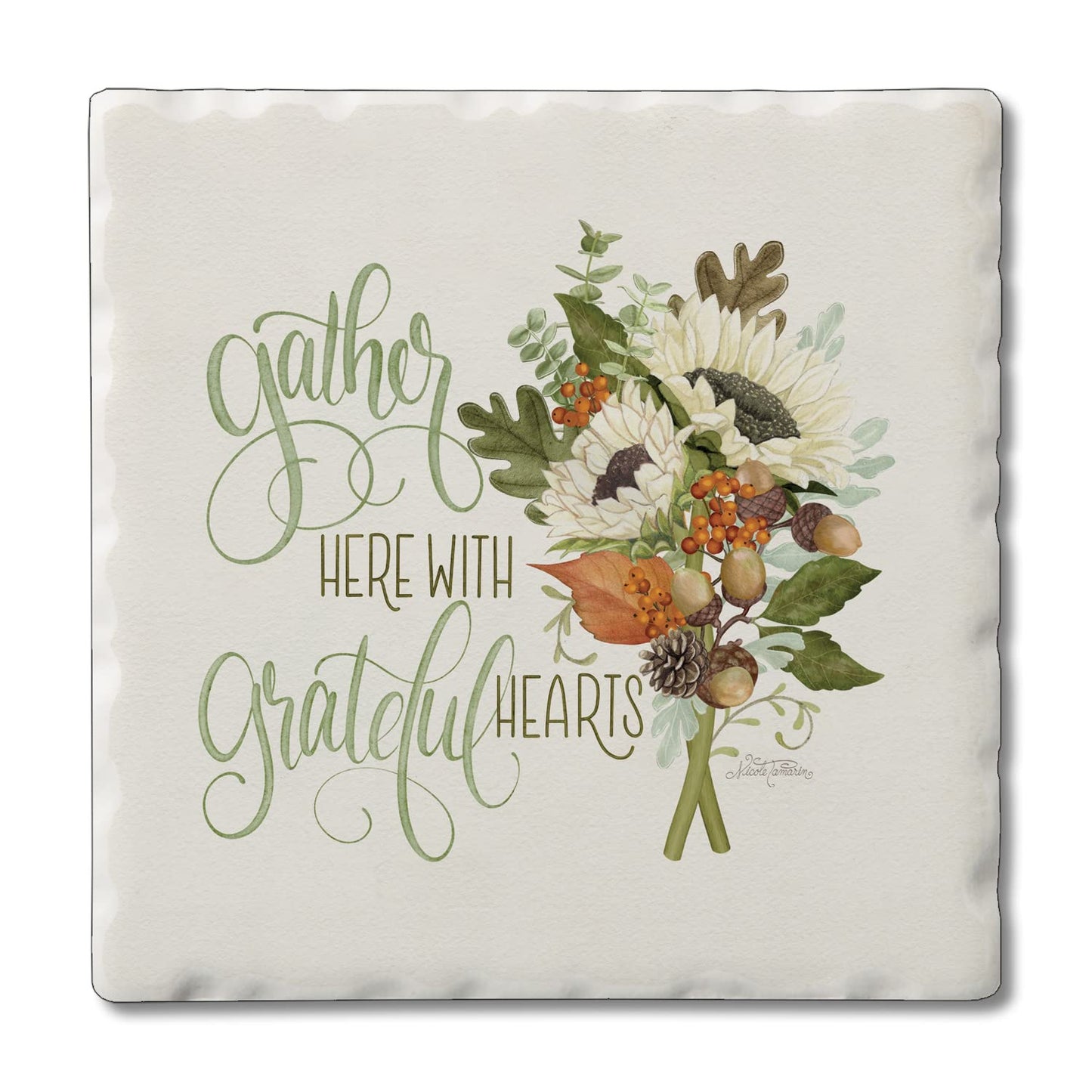 Thirstystone Gather Here Single Tumbled Tile Stone Coaster with Protective Cork Backing Manufactured in The USA 4" Square, Colorful, Artistiic, Easily Wipes Clean