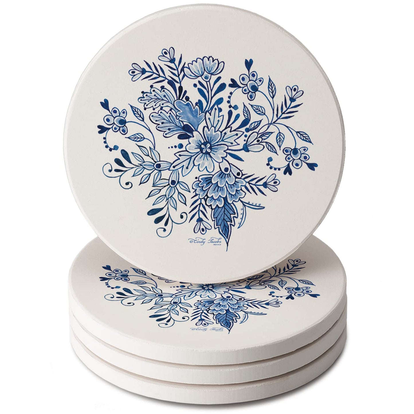 Thirstystone Blue & White Floral 4 Pack Round Absorbent Stone Coasters 4" Diameter Manufactured in the USA