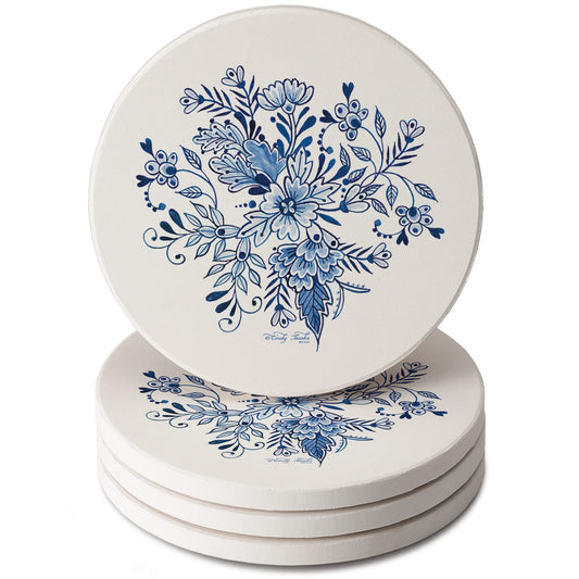 Thirstystone Blue & White Floral 4 Pack Round Absorbent Stone Coasters 4" Diameter Manufactured in the USA
