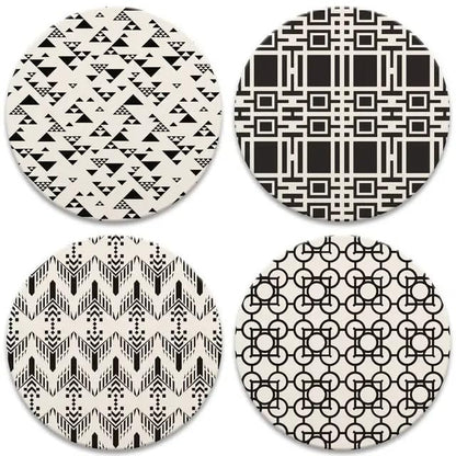 Black & White Assorted Patterns by Frank Lloyd Wright 4 Pack Round Absorbent Stone Coasters with Protective Cork Backing Manufactured in The USA