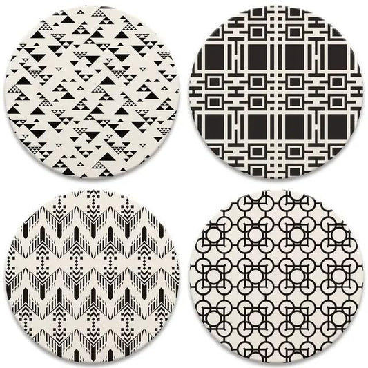 Black & White Assorted Patterns by Frank Lloyd Wright 4 Pack Round Absorbent Stone Coasters with Protective Cork Backing Manufactured in The USA
