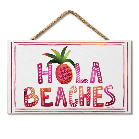 CounterArt Hola Beaches Decorative Hanging Wood Sign 9.5” by 5.75” Made in the USA Features Braided Rope Hanger