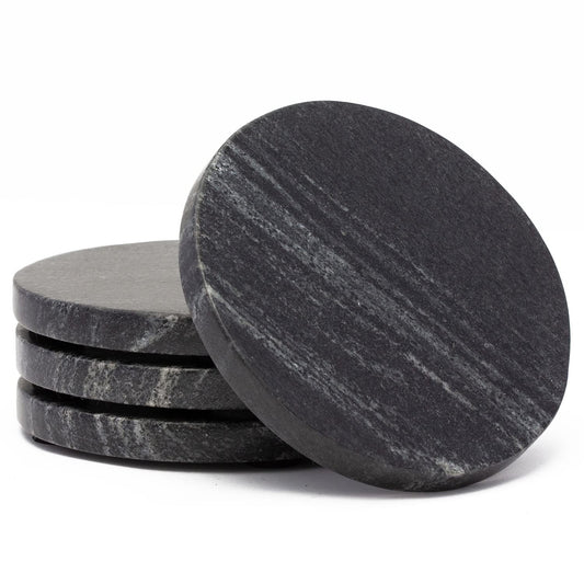 Thirstystone 4 Pack Natural Black Marble Round Coasters with Protective Felt Feet on The Bottom 4" Diameter Elegant Heat Tolerant Easily Wipes Clean
