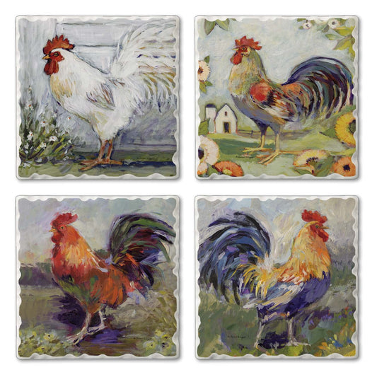 Thirstystone Meadowbrook Roosters 4-Pack Tumbled Tile Stone Coasters 4" Square