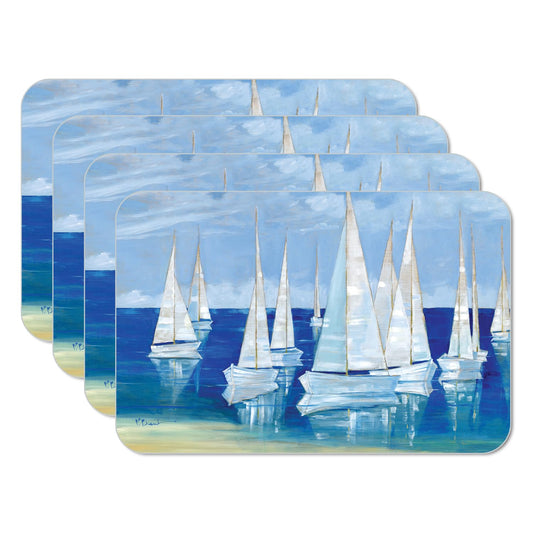 CounterArt Blanco Beach Sailboats 4 Pack Reversible Easy Care Flexible Placemats Made in the USA