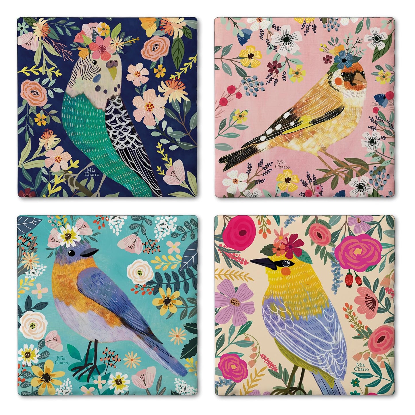 Thirstystone Floral Birds 4 Pack Assorted Tumbled Tile Stone Coasters 4" Square
