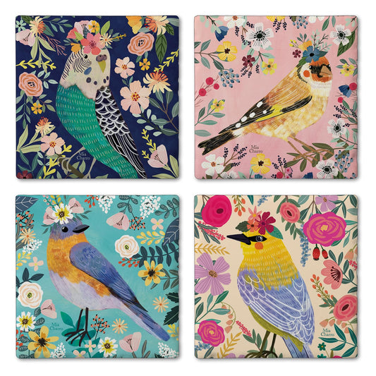 Thirstystone Floral Birds 4 Pack Assorted Tumbled Tile Stone Coasters 4" Square