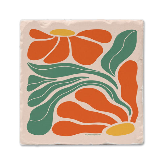 Thirstystone Orange Boho Floral 4 Pack Absorbent Stone Tumbled Tile Stone Coasters 4" Square Manufactured in the USA