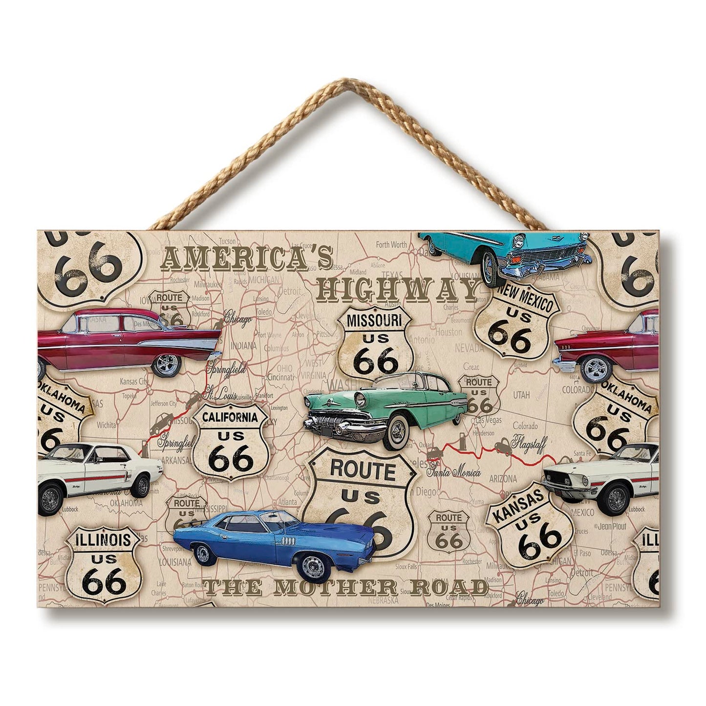 CounterArt Route 66 Map Decorative Hanging Wood Sign 9.5” by 5.75” Made in the USA Includes Attractive Braided Rope Hanger