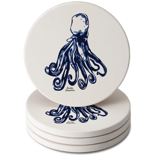 Thirstystone Indigo Octopus 4 Pack Round Absorbent Stone Coasters 4" Diameter Manufactured in the USA