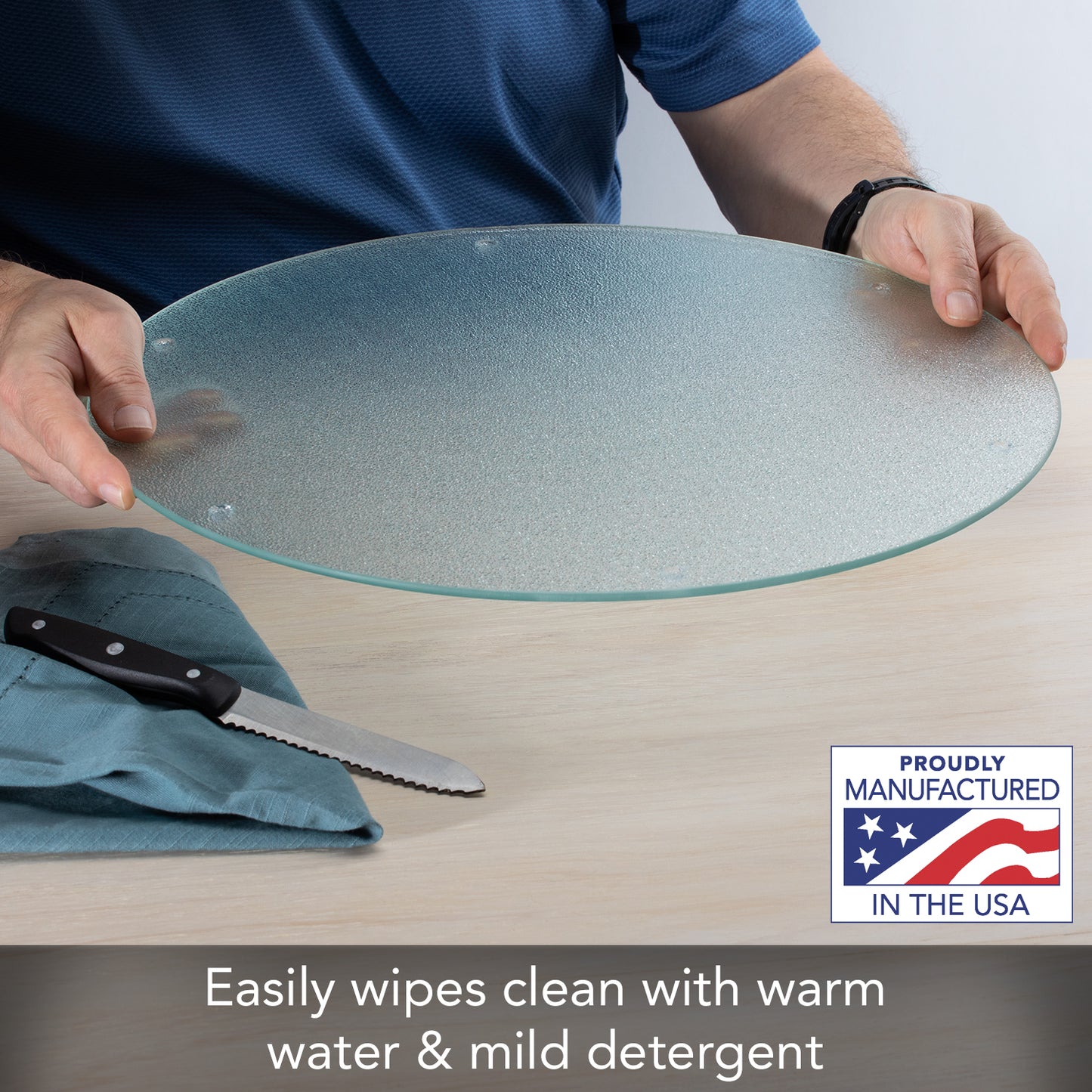 CounterArt TransparentTextured 4mm Round Tempered Glass Cutting Board 16" Round Manufactured in the USA Food Preparation Board, Cake Plate, Pizza Stand