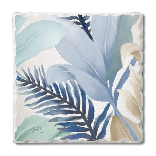 Thirstystone Blue Palms Single Tumbled Tile Stone Coaster with Protective Cork Backing Manufactured in The USA 4" Square, Colorful, Artistiic, Easily Wipes Clean