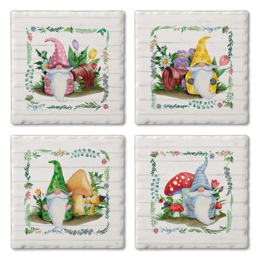 Thirstystone Spring Gnome 4 Pack Assorted Tumbled Tile Stone Coasters 4" Square