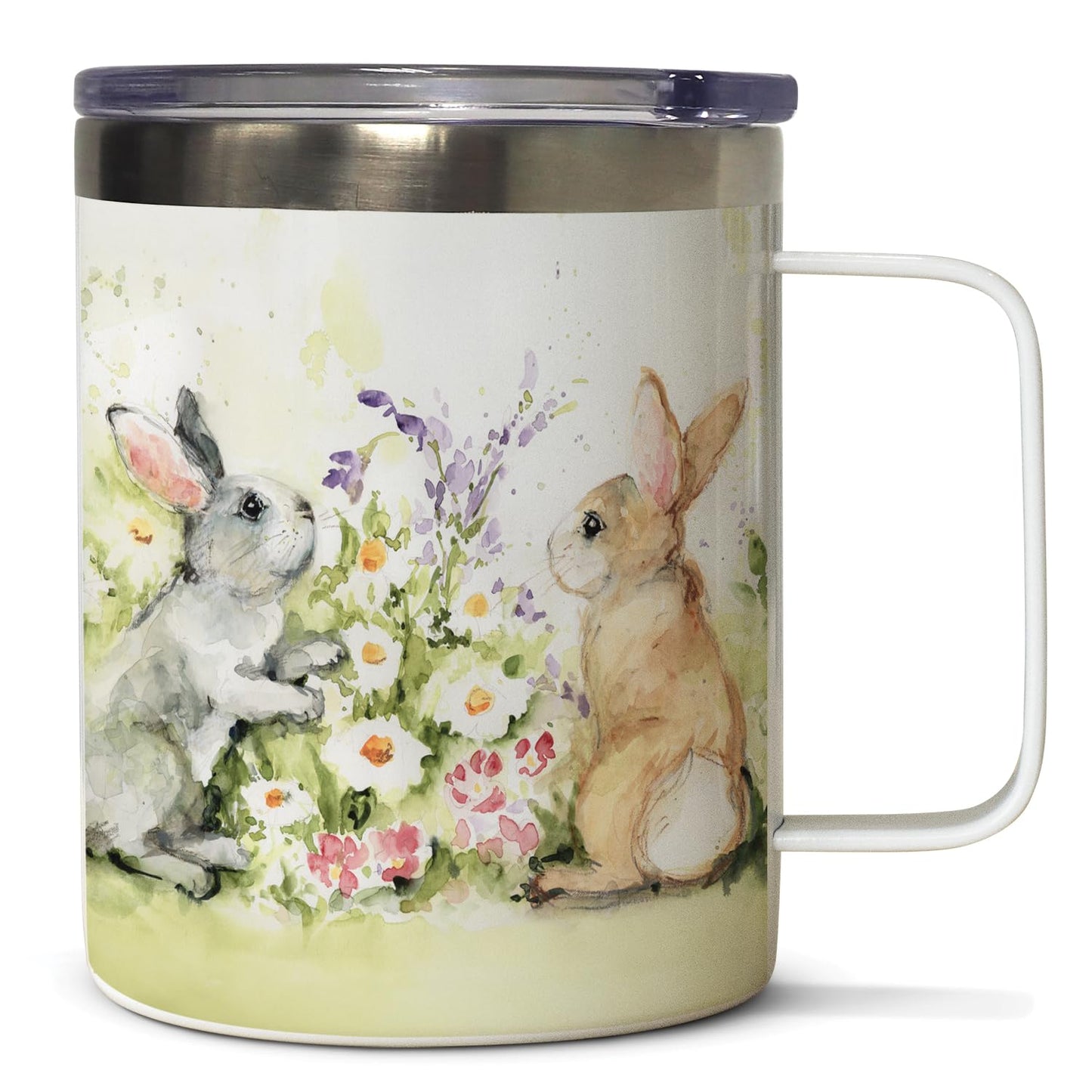 Highland Home Garden Bunnies Decorative Stainless Steel Insulated Travel Mug with Lid and Handle 12 oz. Manufactured in the USA Dishwasher Safe