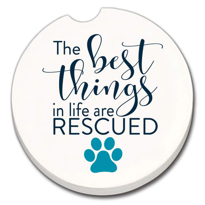 CounterArt Best Things in Life are Rescued Single Absorbent Stone Coaster for Vehicle Cup Holder 2.6” Diameter Manufactured in The USA