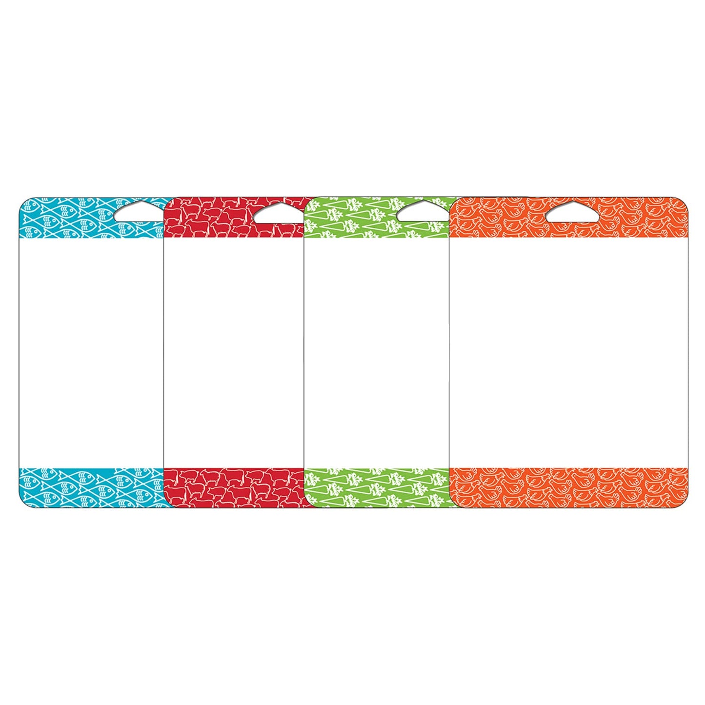 Cut N' Funnel Non-Slip Flexible Plastic Cutting Board Mat 4 Pack, Made in the USA Clear with Brightly Patterned Food Type Borders BPA Free 16" by 12"