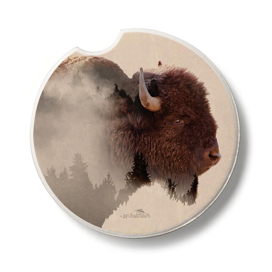 Thirstystone Buffalo Scene Single Absorbent Stone Coaster for Vehicle Cup Holder 2.6” Diameter Manufactured in The USA