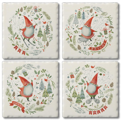 Thirstystone Jolly Gnomes 4 Pack Assorted Tumbled Tile Stone Coasters 4" Square