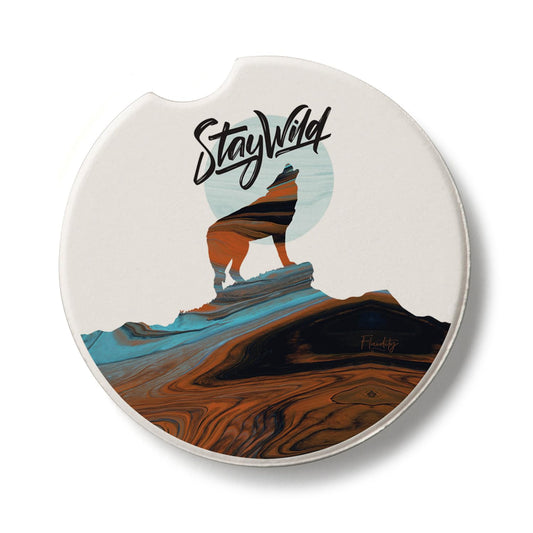 Thirstystone Stay Wild Wolf Single Absorbent Stone Coaster for Vehicle Cup Holder 2.6” Diameter Manufactured in The USA