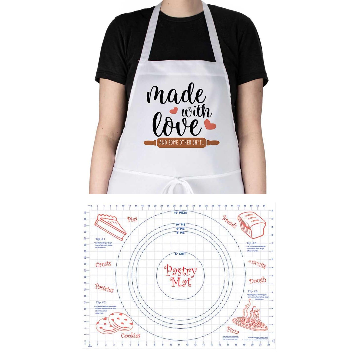 Counterart Made With Love Chef Apron & 24" x 18" Pastry Mat BPA & PVC Free Plastic with Grid Markings for Tarts, Pies, & Pizzas