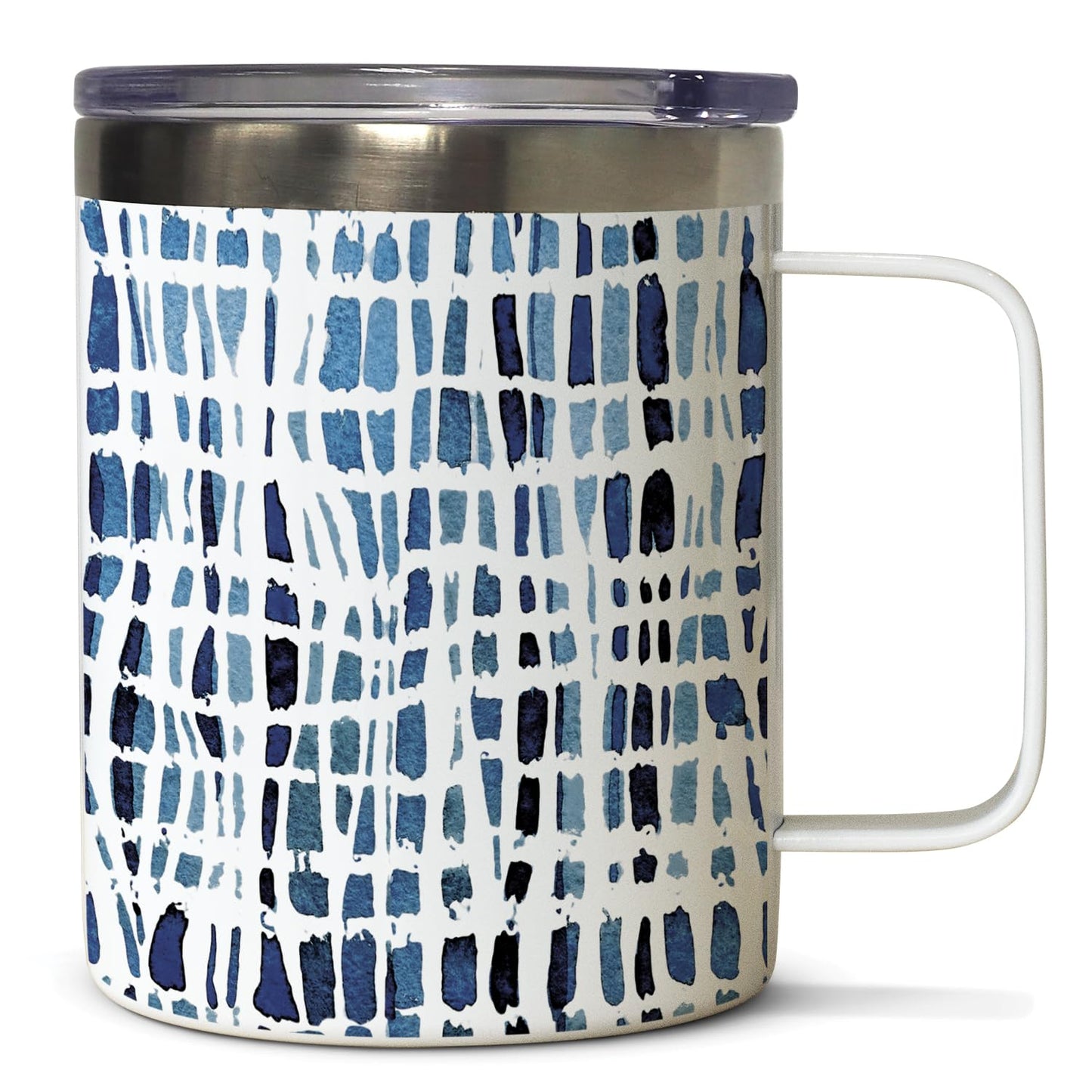 Highland Home Wavy Indigo Decorative Stainless Steel Insulated Travel Mug with Lid and Handle 12 oz. Manufactured in the USA Dishwasher Safe